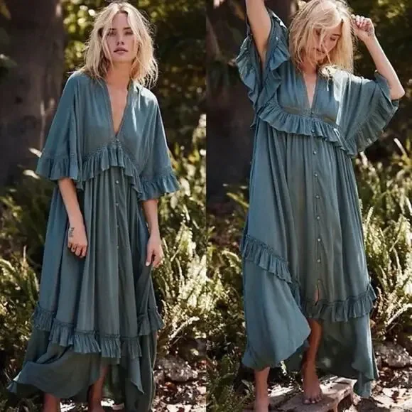 Free People Paradiso HiLo Maxi Dress Ruffle Blue Boho Folklore Oversized Medium - Picture 1 of 16
